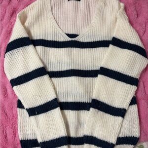 SHEIN Cream and Black V-Neck Sweater